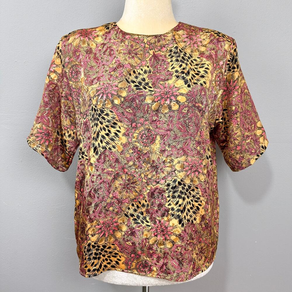 Vintage Laura Winston Satin Blouse Sz L Baroque Leopard Floral Maximalist‎ MCM